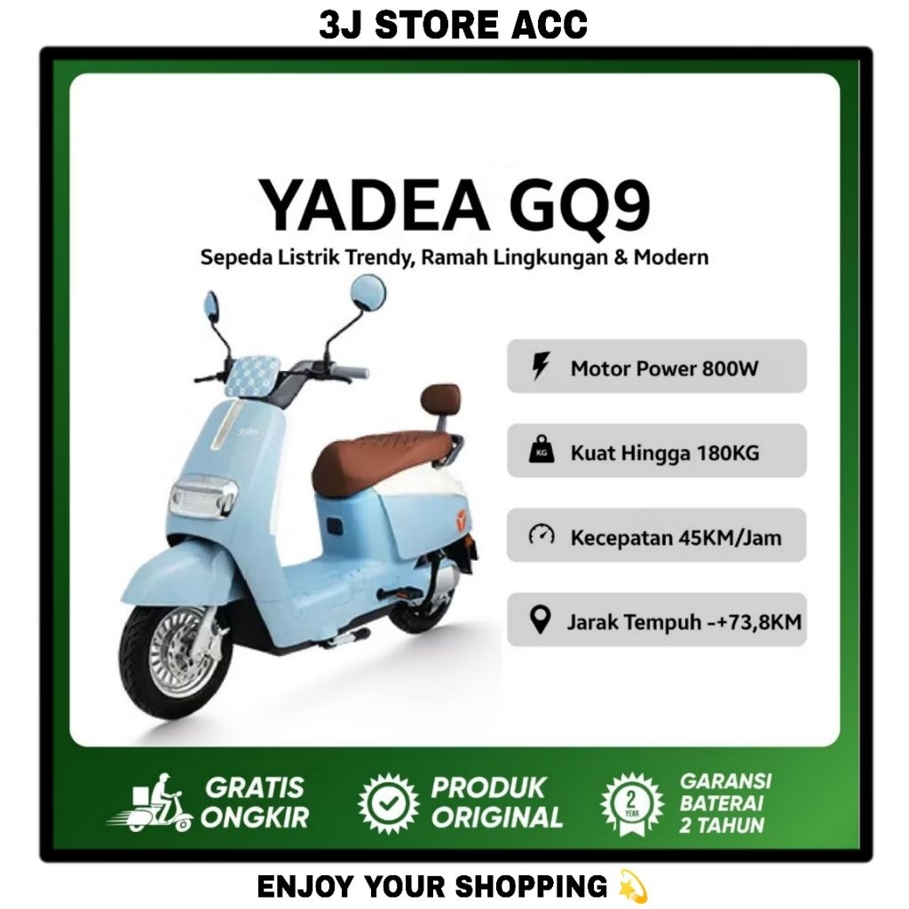 Sepeda Listrik Yadea GQ9 Motor Power 800W Jarak Tempuh 73KM Garansi Baterai 2 Tahun Original