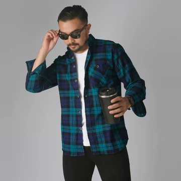 DGM Kemeja Flanel Pria Lengan Panjang Biru Garis Abu Kemeja Pria Flanel Pria Kemeja Panjang 001