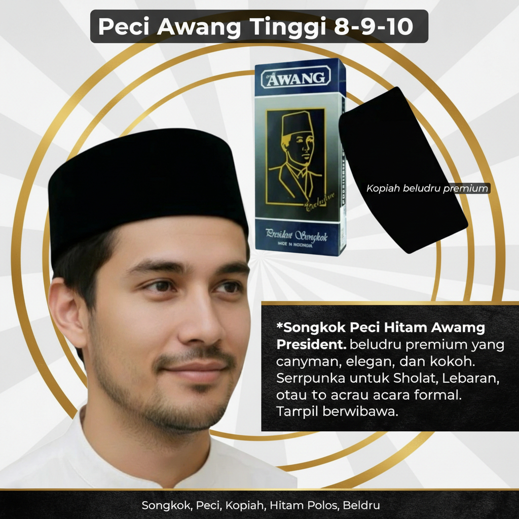 Songkok Hitam Awang Putra Peci Hitam Polos Awang  Ukuran 4-10 Peci Ac