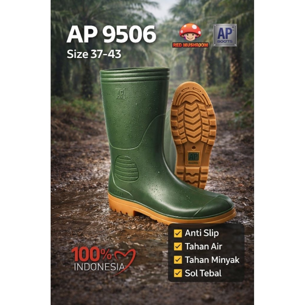 Jual Sepatu Boots AP 9506 Hijau PVC karet Anti Air Ukuran 37-43 ...