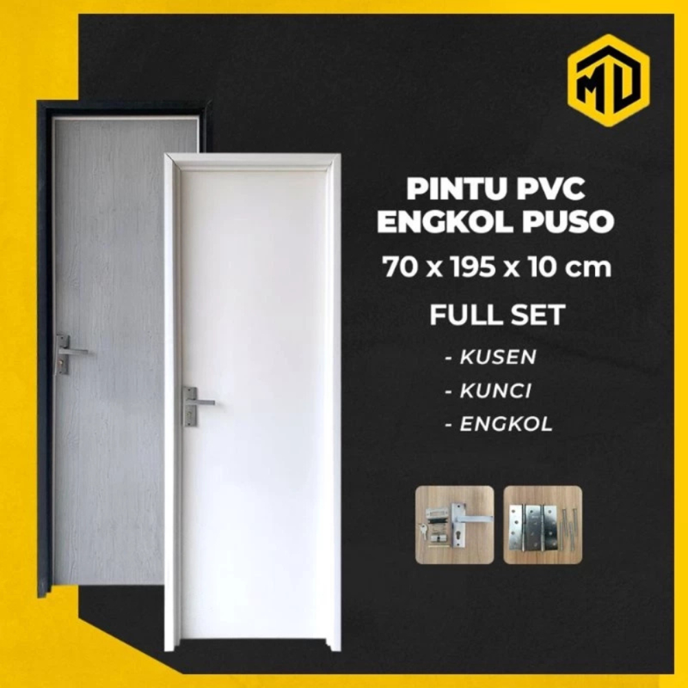 Pintu Kamar Mandi PVC Polos Bahan Tebal 70x195 Putih Glossy Dengan Handle Kunci Engkol Stainless Mewah & Eklusive