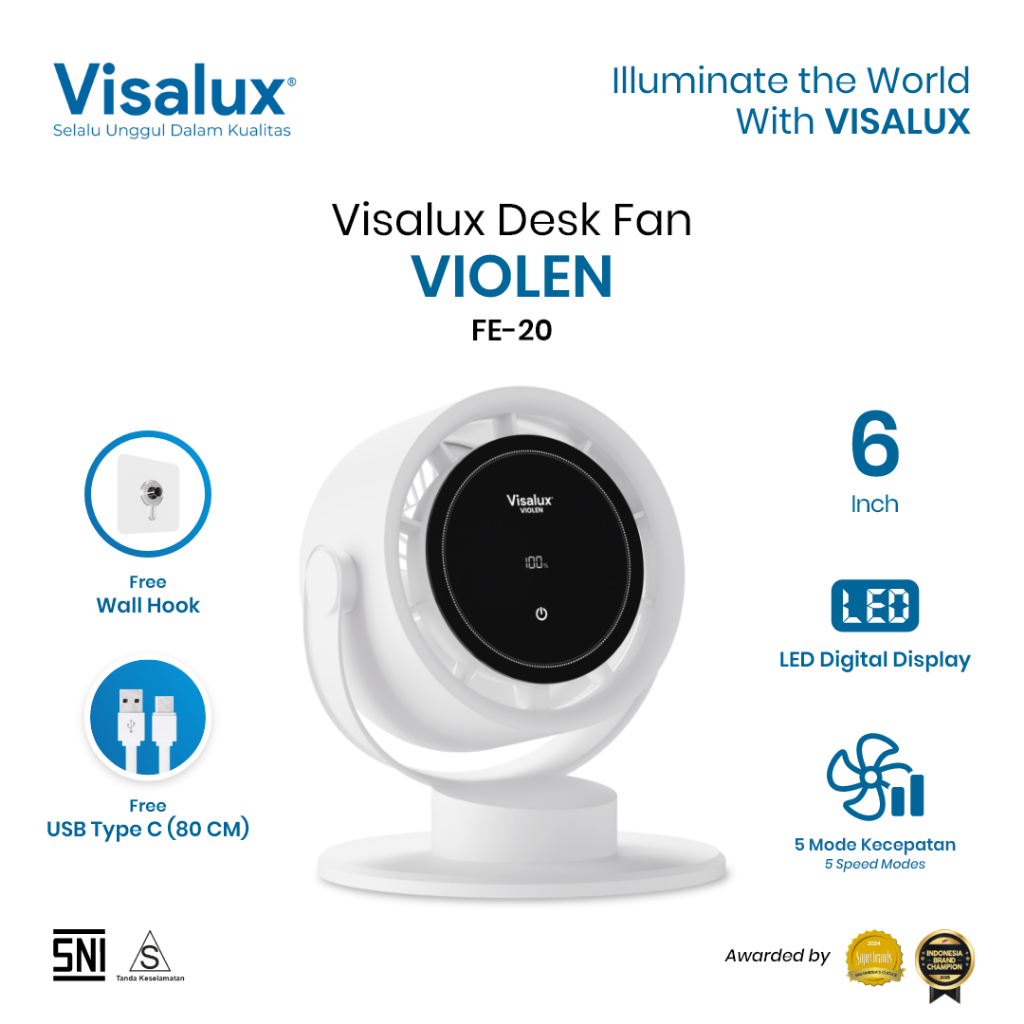 Visalux Violen Mini Desk Fan LED Digital Display 6 Inch - Kipas Angin Portable Type C dengan Rotasi 90° (VIOLEN-FE20)