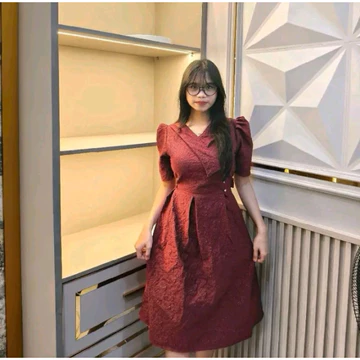 New Arival Midi Dress Gaun Wanita Jacquard Emboss Tunik Elegan Pesta Gereja Mewah Dress Natal