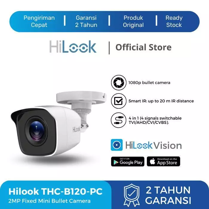HiLook Kamera CCTV Analog Outdoor THC-B120PC 2MP Full HD 1080p Tahan Cuaca Support Semua DVR