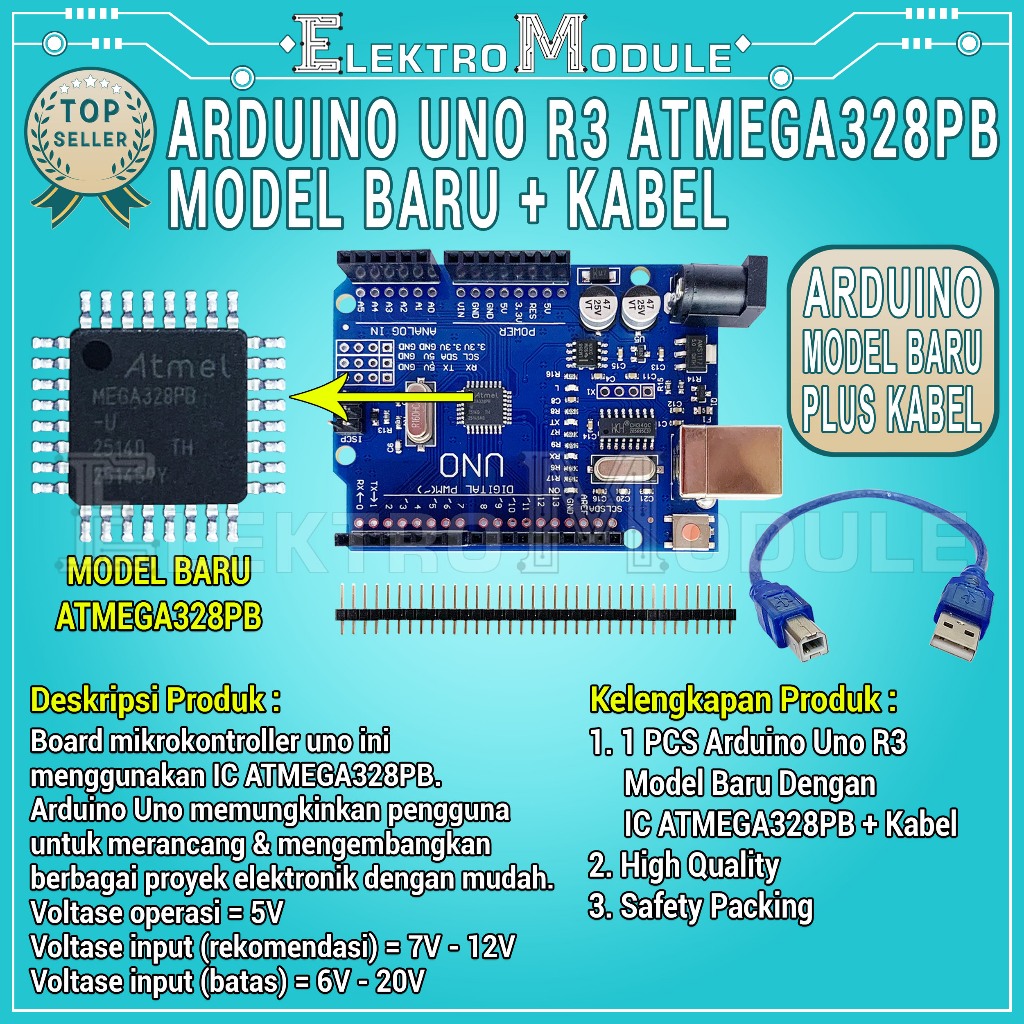 Jual Uno R3 - Arduino Uno Compatible Atmega328PB + Kabel Arduino Uno R3 ...