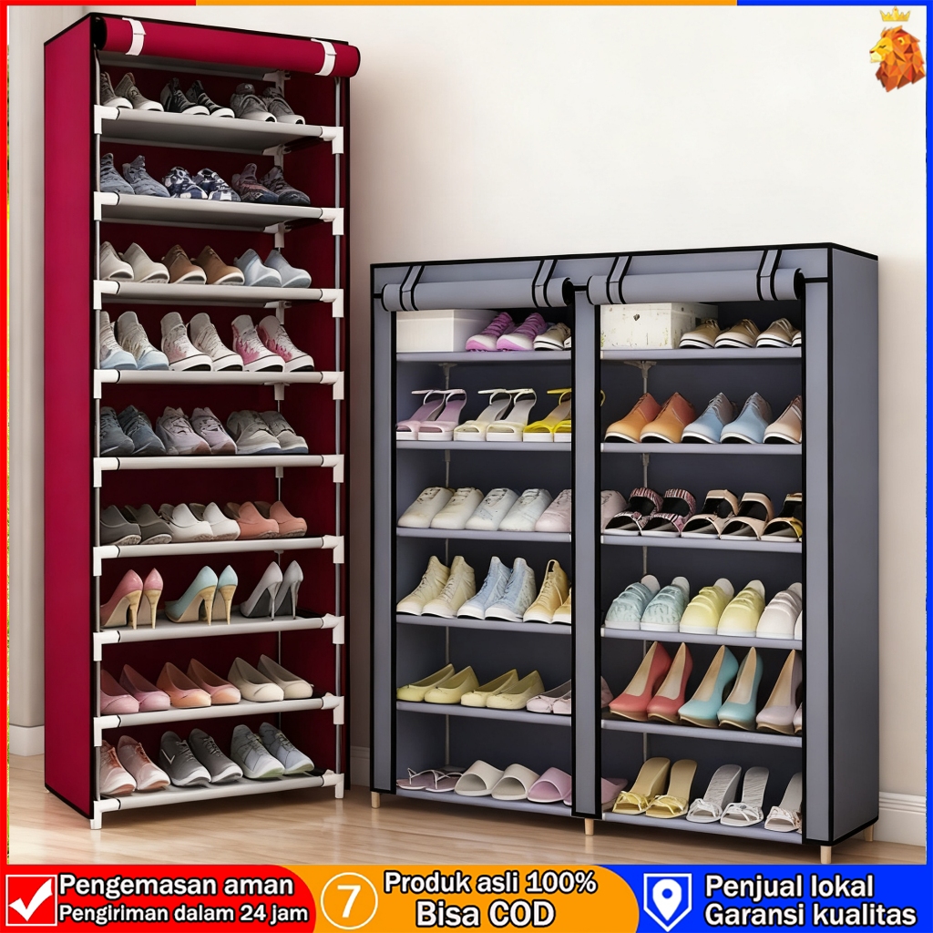 Jual Rak Sepatu Kain Portable Desain 2 Baris Kapasitas Besar Tertutup ...