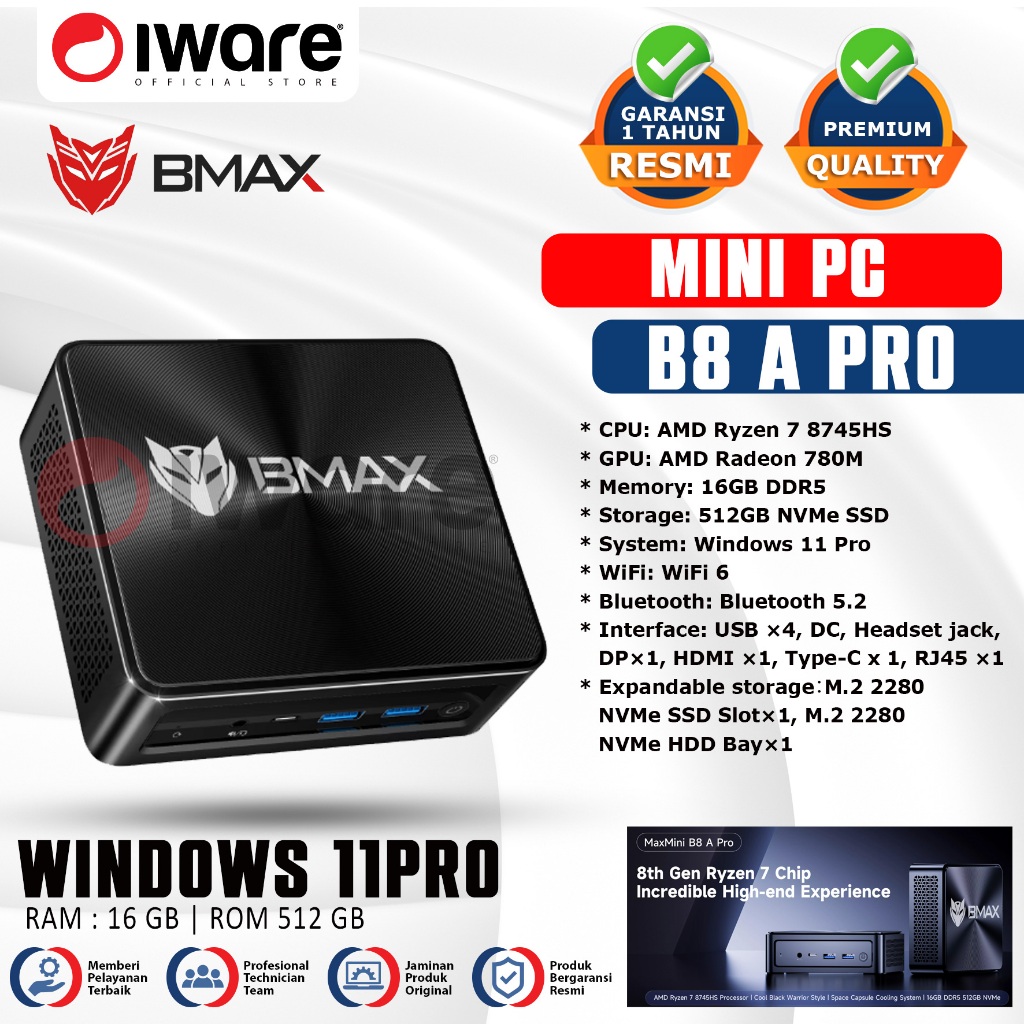 Jual Iware Mini Pc BMAX B8A PRO Ryzen 7 Gen 8 16/512GB Windows 11Pro ...