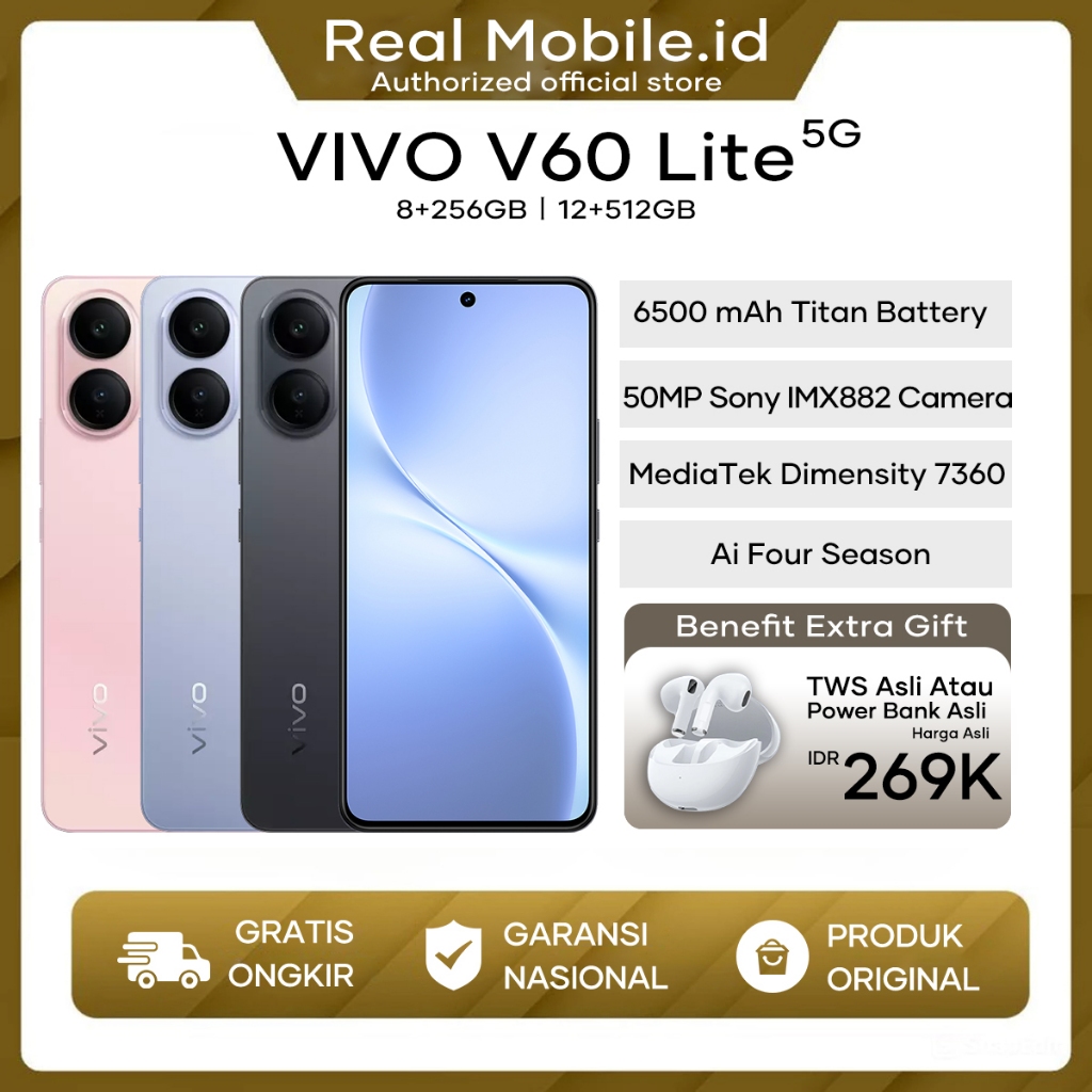 Vivo V60 Lite 5G 8/256GB 12/512GB Dimensity 7360-Turbo 90W FastCharge Garansi resmi 1 Tahun Bisa COD