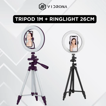 VIDRONA Ring Light LED 26CM Tripod 1 Meter Paket Komplit Konten Kreator Live Stream ELK 27
