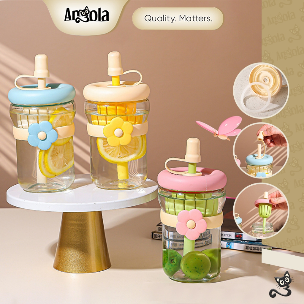 ANGOLA Botol Minum Kaca Motif Bunga W01 Bottle Glass Flower/Tumbler Infused Water/Botol Minum Dengan Sedotan