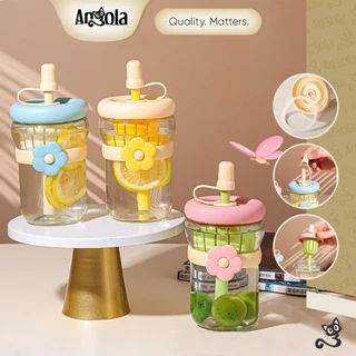 ANGOLA Botol Minum Kaca Motif Bunga W01 Bottle Glass Flower/Tumbler Infused Water/Botol Minum Dengan Sedotan