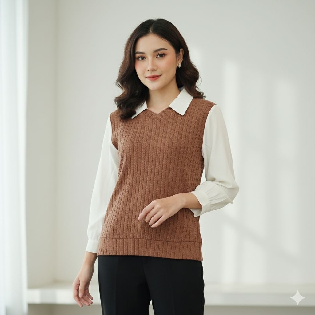 Jual REMIX LADIES Set Atasan Rompi Rajut & Kemeja Putih | Shopee Indonesia