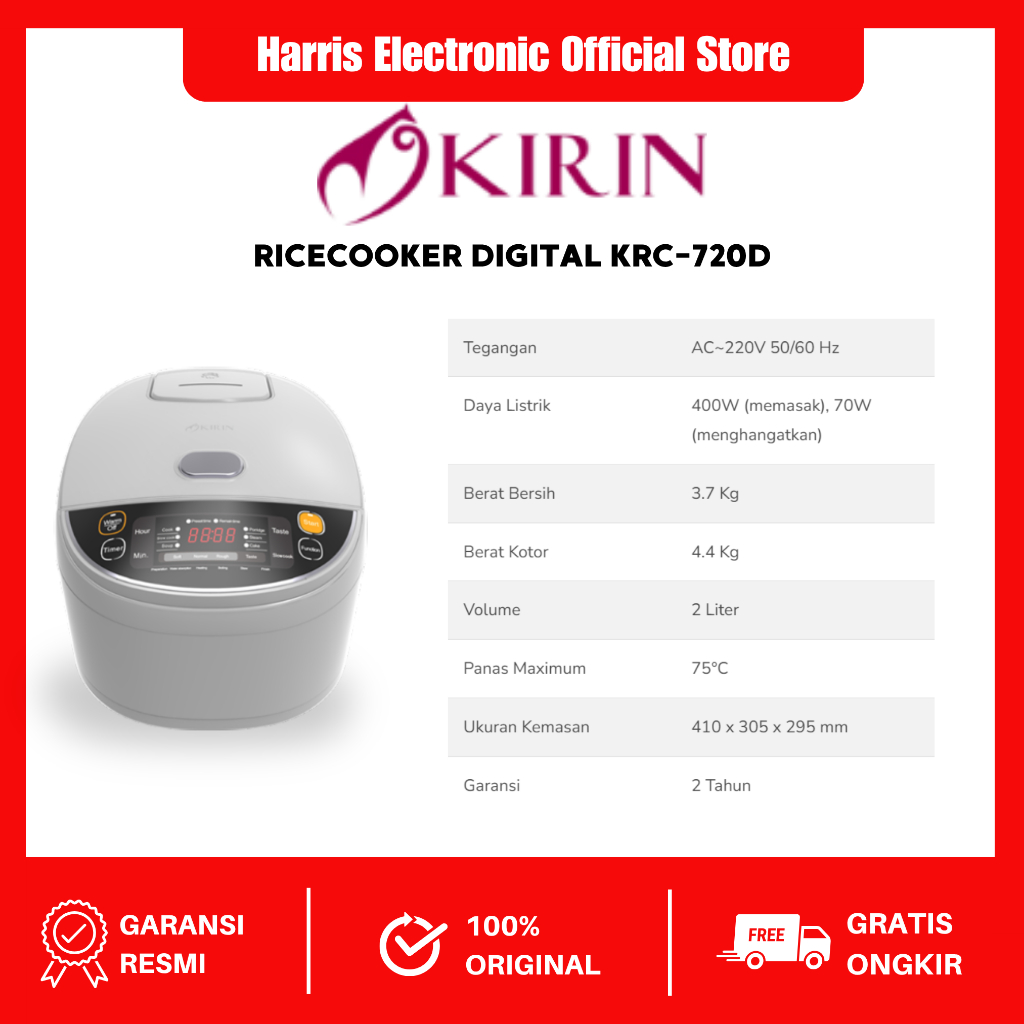Jual COD !! Kirin Rice Cooker Digital 2L KRC-720D Stainless Steel ...