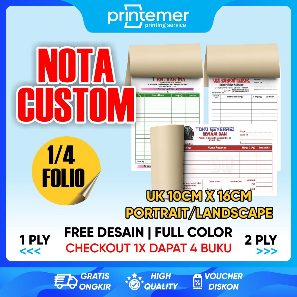 Jual Nota Custom Satuan Ukuran Standar 1/4 Folio 1 Ply dan 2 Ply ...