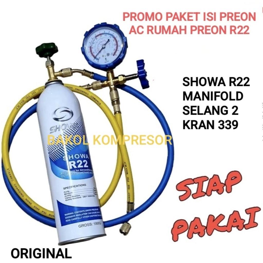 Jual PAKET ISI PREON R22 AC MANIFOLD SINGGEL 500 PSI + SHOWA R22 1 KG ...