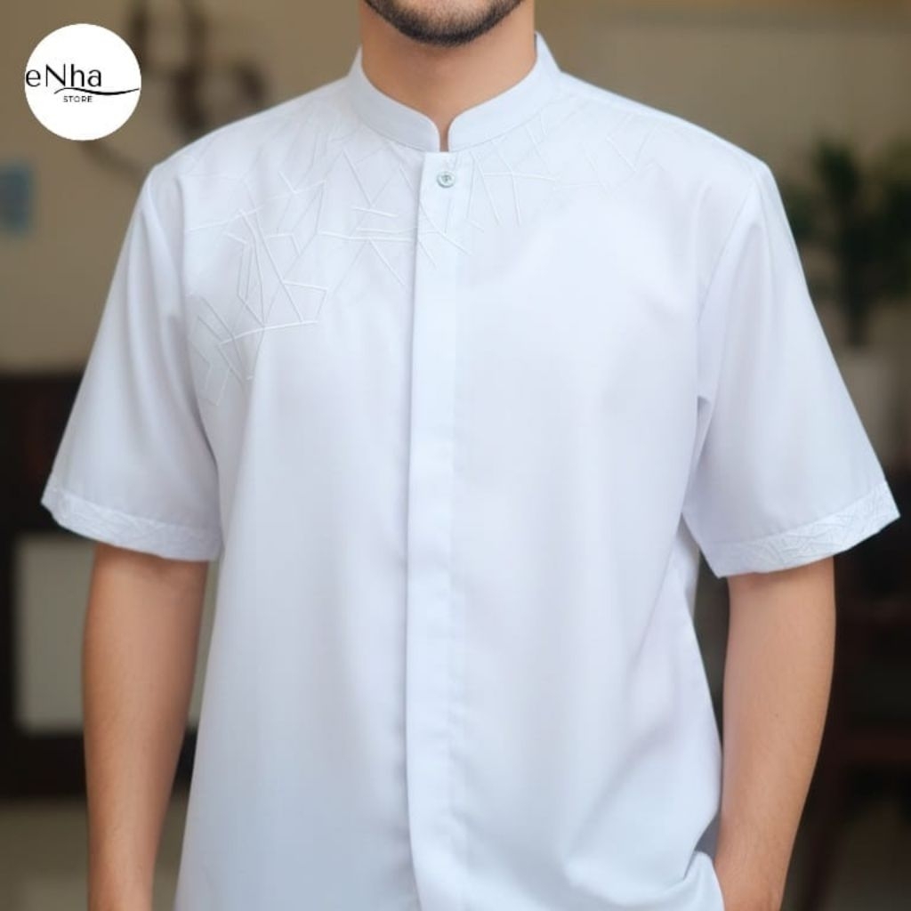 Baju Koko Dewasa Pria Warna Putih Lengan Pendek Bordir