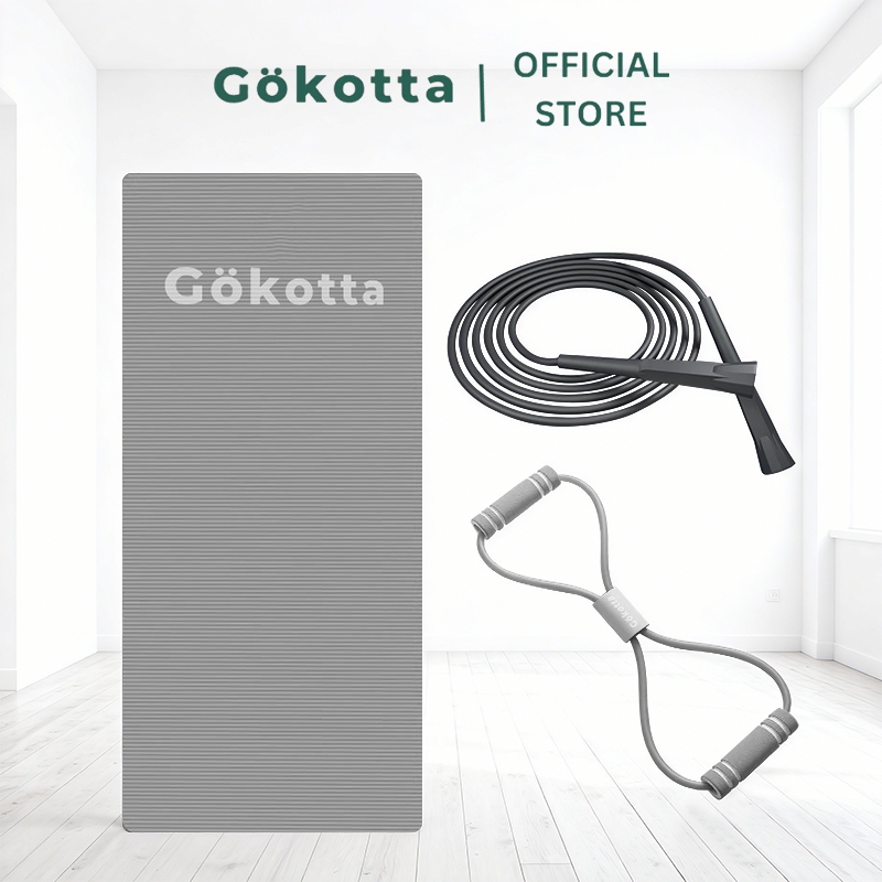 GOKOTTA 3in1 Home Workout Set – Yoga Mat Tebal + Tali Skipping Premium +Tali Yoga Pull Up | Peralatan Olahraga Rumah Lengkap