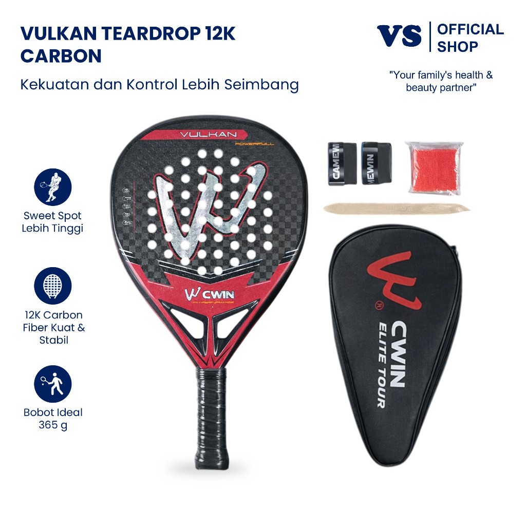 Jual CWIN VULKAN Raket Padel Teardrop 12K Carbon Fiber 365g Ketebalan 3 ...