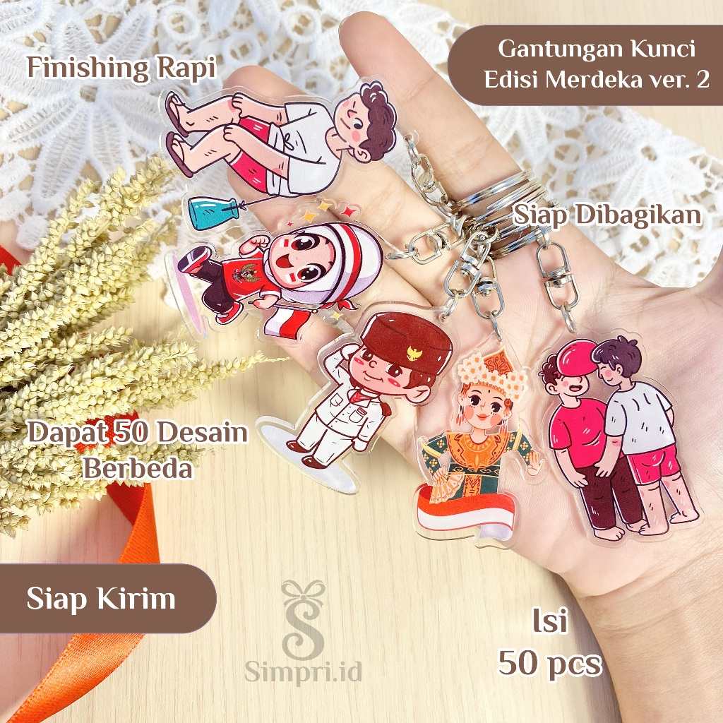 Souvenir 17 Agustus Gantungan Kunci Akrilik – Paket 50 Desain Lucu Tema Kemerdekaan Indonesia Versi 2 | Simpri.id [READY STOK]