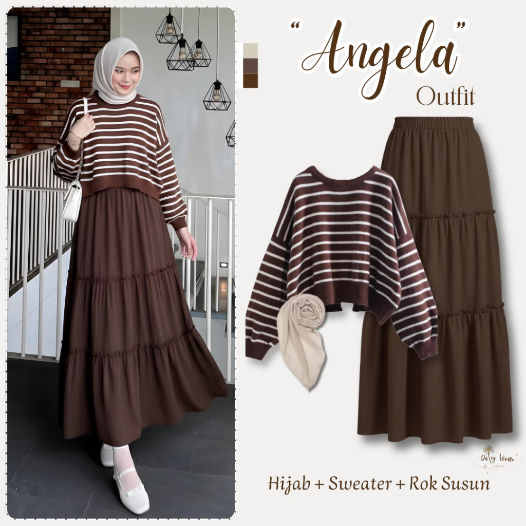 Angela Outfit Wanita 3in1 ( Shabira Sweater Rajut Stripe Mahogany + Rok Susun Tiga Hyget Premium Coklat Tua + Hijab Bella Square Polycotton Ivory ) Oneset Remaja Muslimah Korean Style OOTD Cewek Elegan Manis Setelan Daily Look – DW51