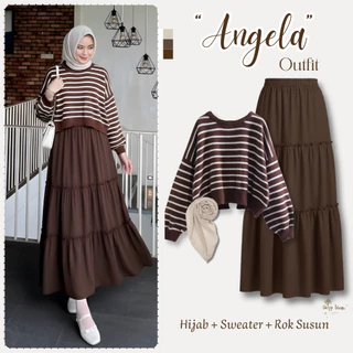 Angela Outfit Wanita 3in1 ( Shabira Sweater Rajut  Stripe Mahogany + Rok Susun Tiga Hyget Premium Coklat Tua + Hijab Bella Square Polycotton Ivory ) Oneset Remaja Muslimah Korean Style OOTD Cewek Elegan Manis Setelan Daily Look – DW51