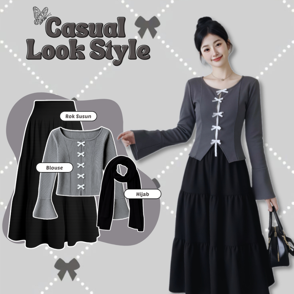 Jual One Set Lebaran Wanita - Blouse Pita + Rok Susun + Hijab - Outfit ...