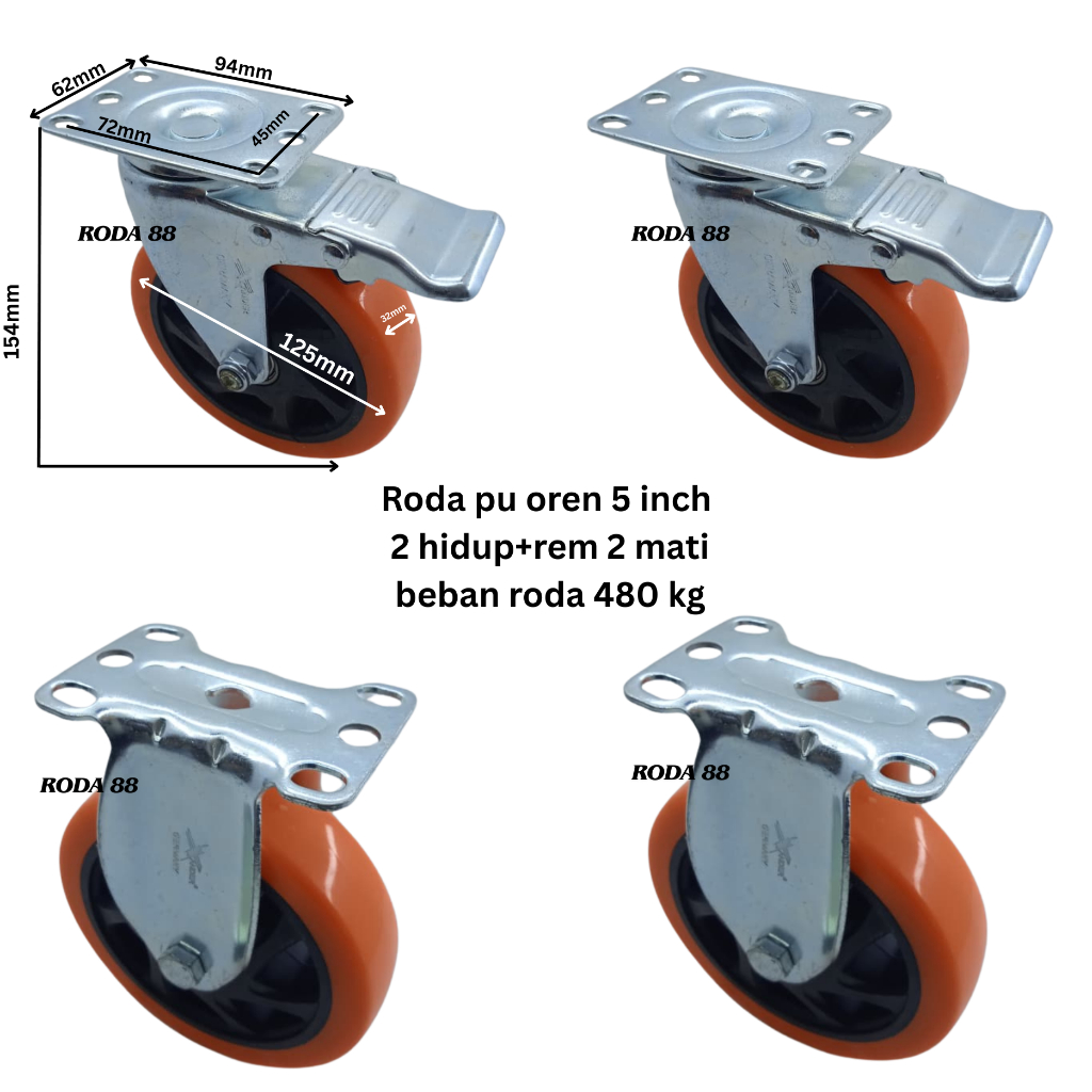 Jual Roda pu Oren 5 inch (2 Hidup+rem & 2 Mati) Beban roda 480 kg ...