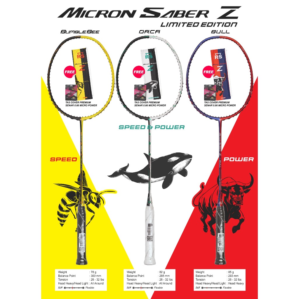 Jual Raket Badminton RS MICRON SABER Z BULL BUMBLEBEE ORCA POWER SPEED ...