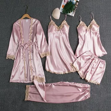 Baju Tidur Satin Wanita High Quali Piyama Set Sexy Kimono 5In1 Baju Tidur Satin Wanita Baju