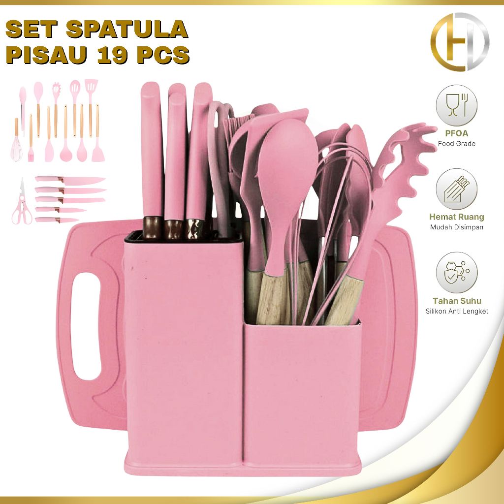 Spatula Silikon Set 19pcs + Pisau Talenan Kitchen Set Silicone FREE WADAH