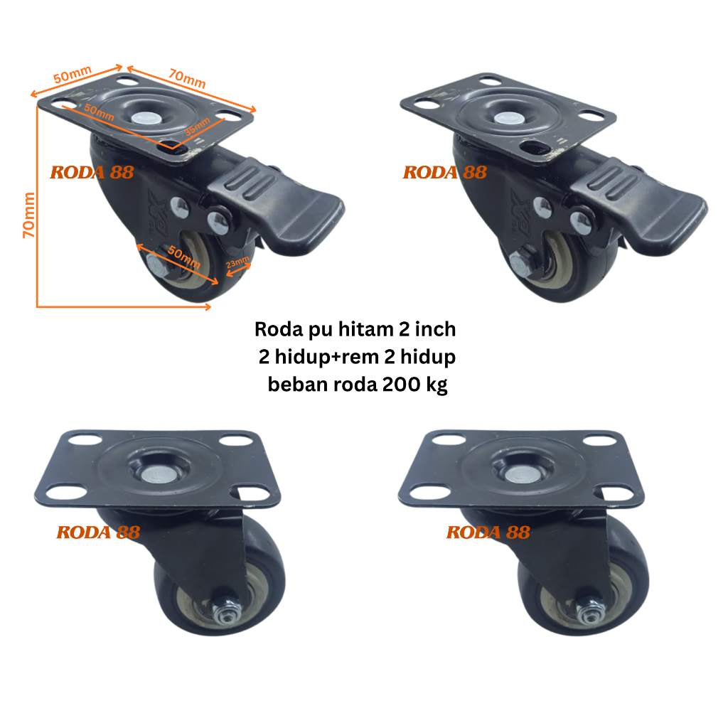 Jual Roda pu hitam 2 inch (2 Hidup+rem & 2 Hidup) Beban roda 200 kg ...