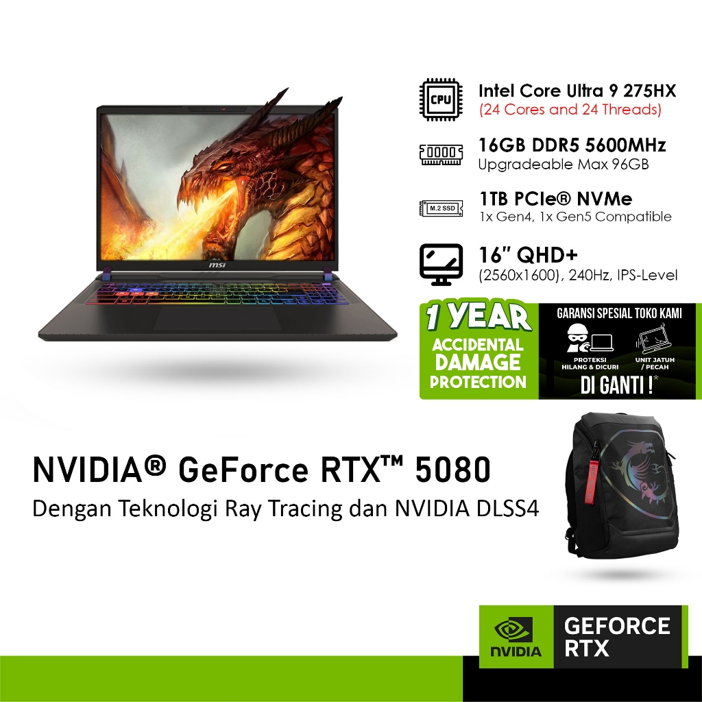 MSI VECTOR 16 HX AI A2XWIG-043 GeForce RTX™ 5080 16GB - ULTRA 9 275HX 16GB 1TB WINDOWS 11 16.0QHD+