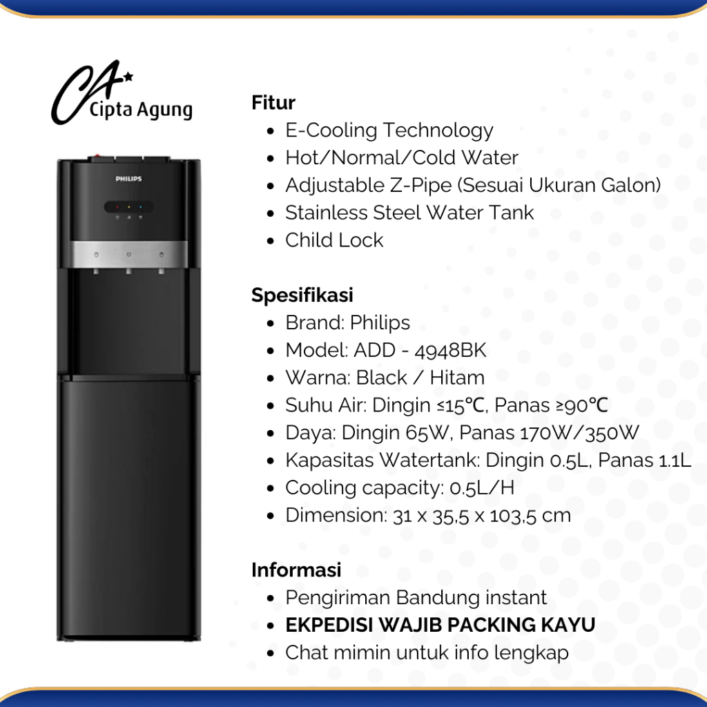 Jual PHILIPS DISPENSER GALON BAWAH WATER BOTTOM ADD4948BK ADD 4948 BK ...