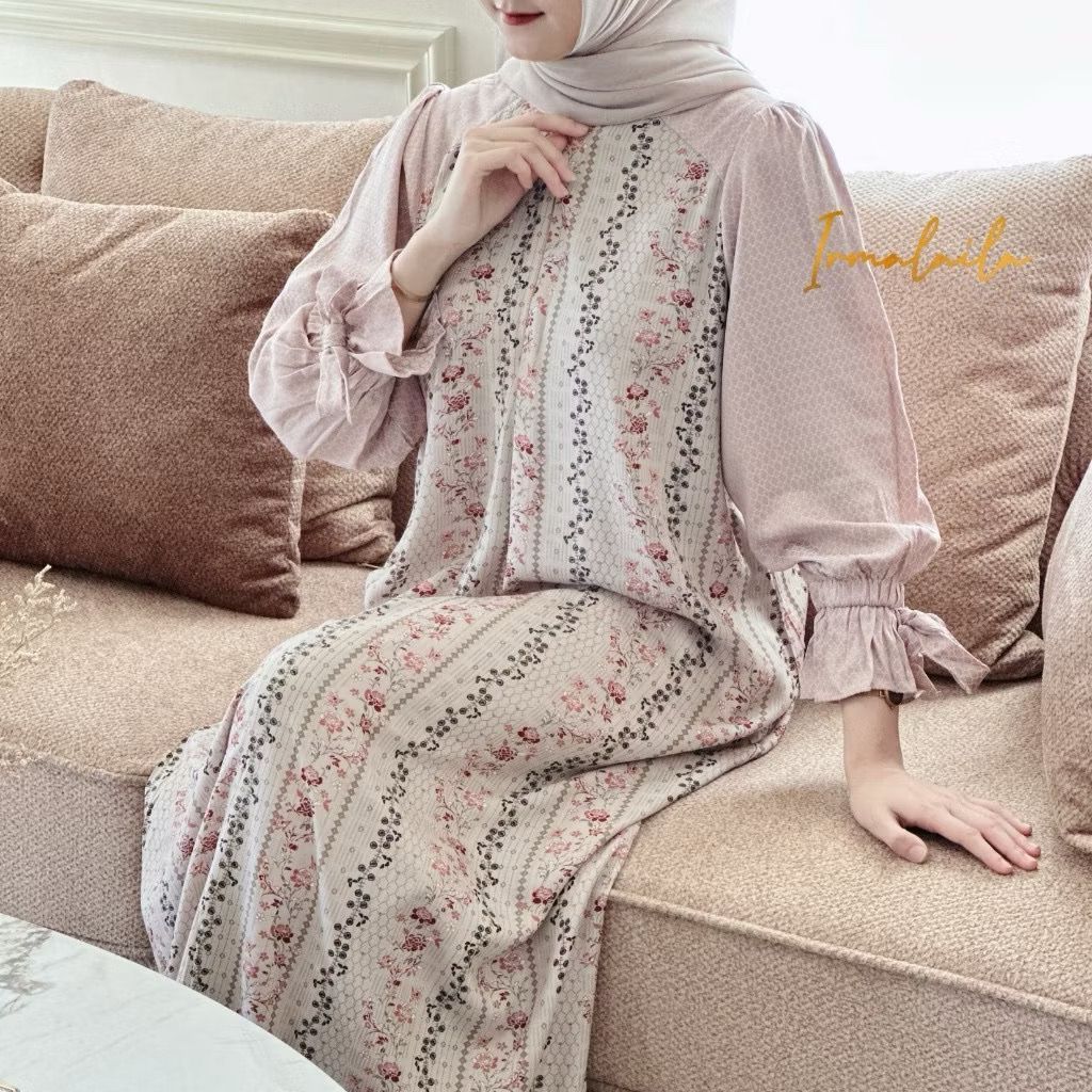 Ellena Dress Gamis Wanita Rayon Motif Mix Rayon Jaguard Adem Nyaman Daily Bumil Busui Friendly