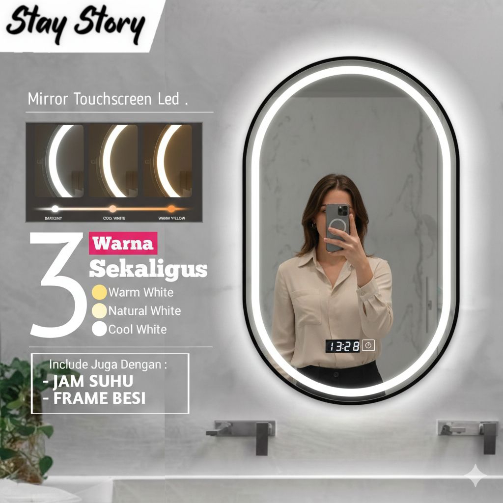 Jual Cermin LED Oval | Frame Besi | Jam & Suhu Ruangan | Biar Gak Telat ...