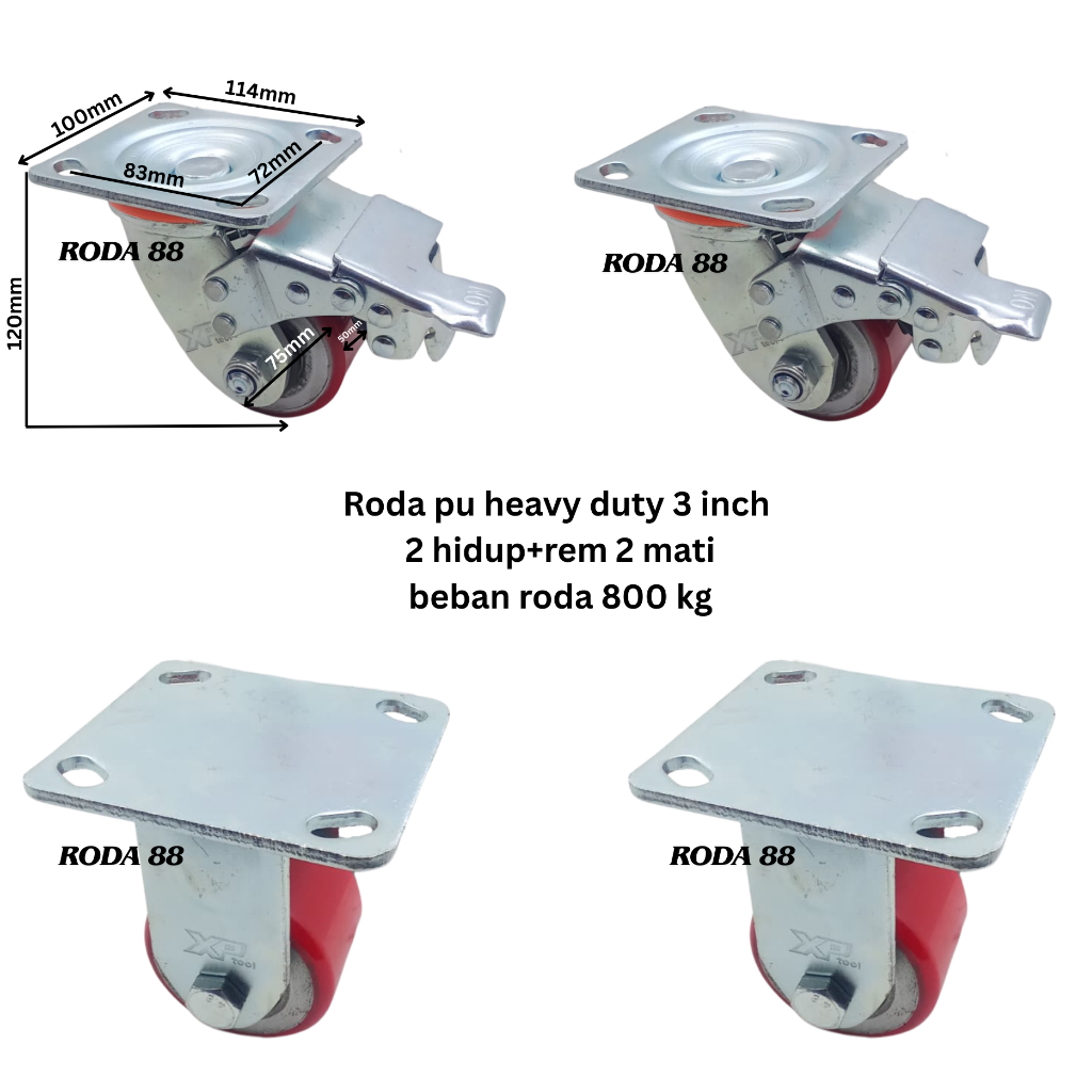 Jual Roda pu Heavy Duty 3 inch (2 Hidup+rem & 2 Mati) Beban roda 800 kg ...