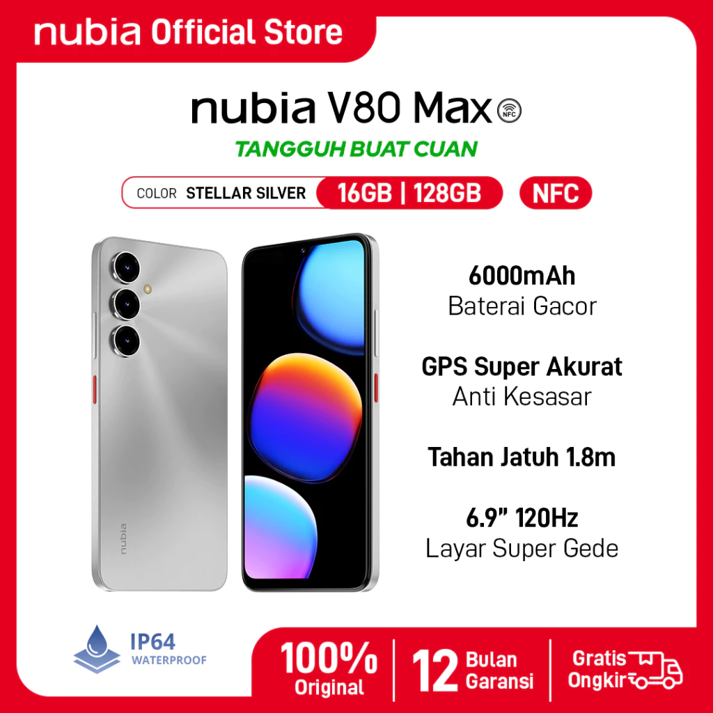 nubia V80 Max tampak depan dengan layar 6.9 inci waterdrop