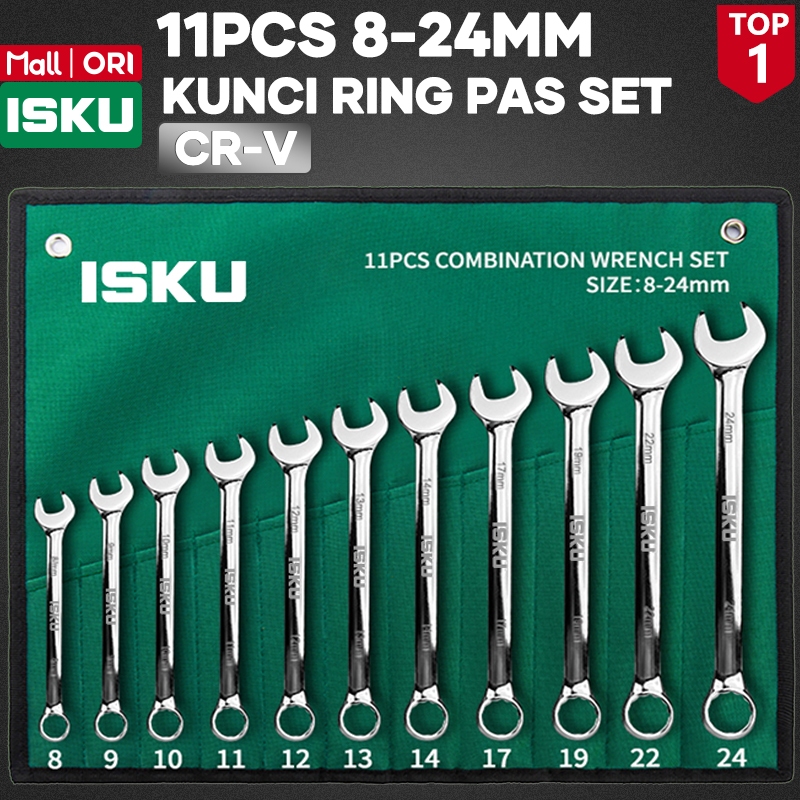 ISKU Kunci Ring Pas Set 11pcs 8-24mm Bahan Crv Kombinasi Wrench set 8-24mm 11 Pcs Kunci Pas