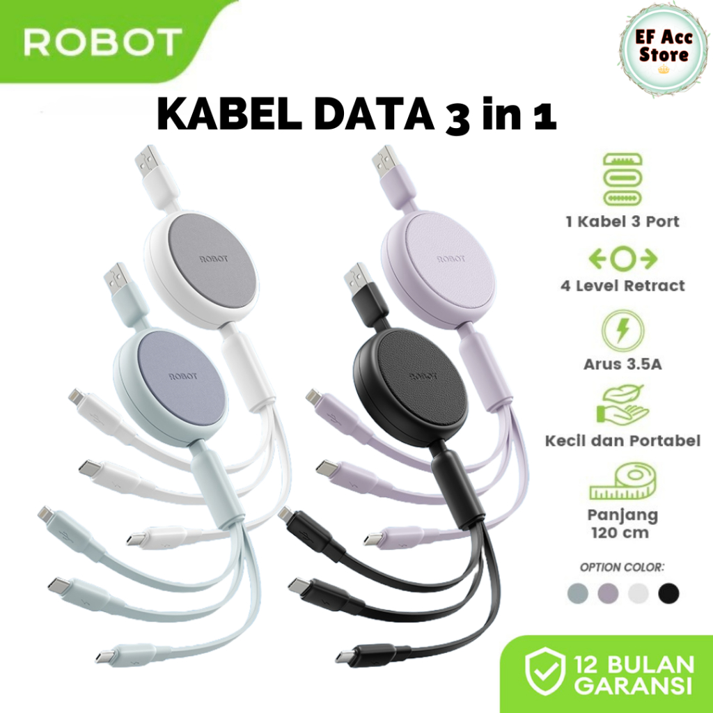Jual ROBOT RAS01 KABEL DATA 3 IN 1 PORT MICRO TYPE-C LIGHTNING PANJANG ...