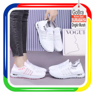 Gobra - SEP027 (Tanpa Kotak) Sepatu Sneakers Wanita Polos dan Motif Kotak Putih Peach Putih Abu Sporty Model Korea Fashion Casual Sport Olahraga Import COD