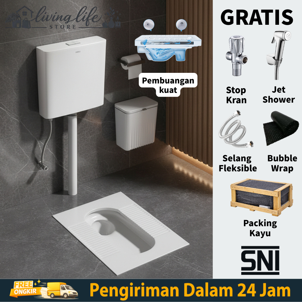 Kloset Jongkok+Watertank & Jet Shower | WC Jongkok Keramik Hemat Air Anti Bau Anti Slip