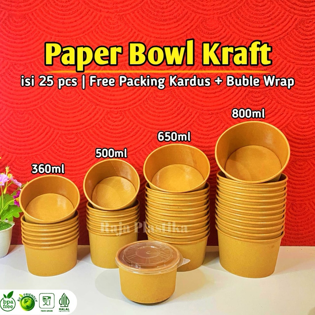 Jual (25 PCS) Paper Bowl Kraft Coklat Laminasi I Mangkok Kertas + Tutup ...