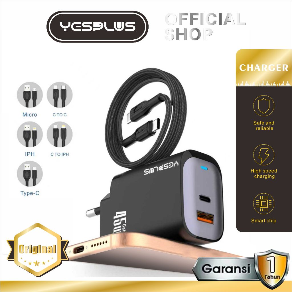 Jual Charger YESPLUS YS-1138 GAN Charger 45W Dual Port Type-C & USB ...