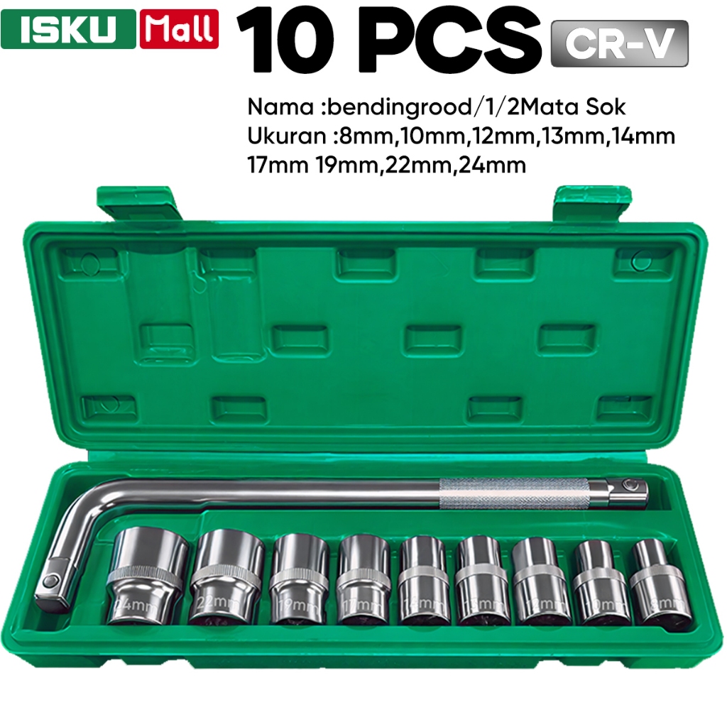 ISKU Kunci Sok Set 10 Pcs 1/2 Inch Gagang L Kunci Shock Socket Wrench Baja CR-V Tahan Banting Anti Slek Baut Ban Mobil Motor Alat Bengkel Torsi Badak Heavy Duty Buka CVT Perkakas Mekanik Kotak Penyimpanan Kuat Universal Hand Tools Tool Kit