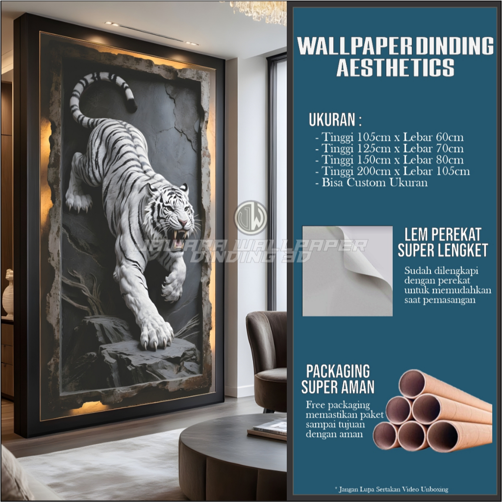 Wallpaper Custom Motif Harimau Putih Visual 3D Premium Estetik Dekorasi Keren Untuk Ruang Tamu Ruang Kerja Dll