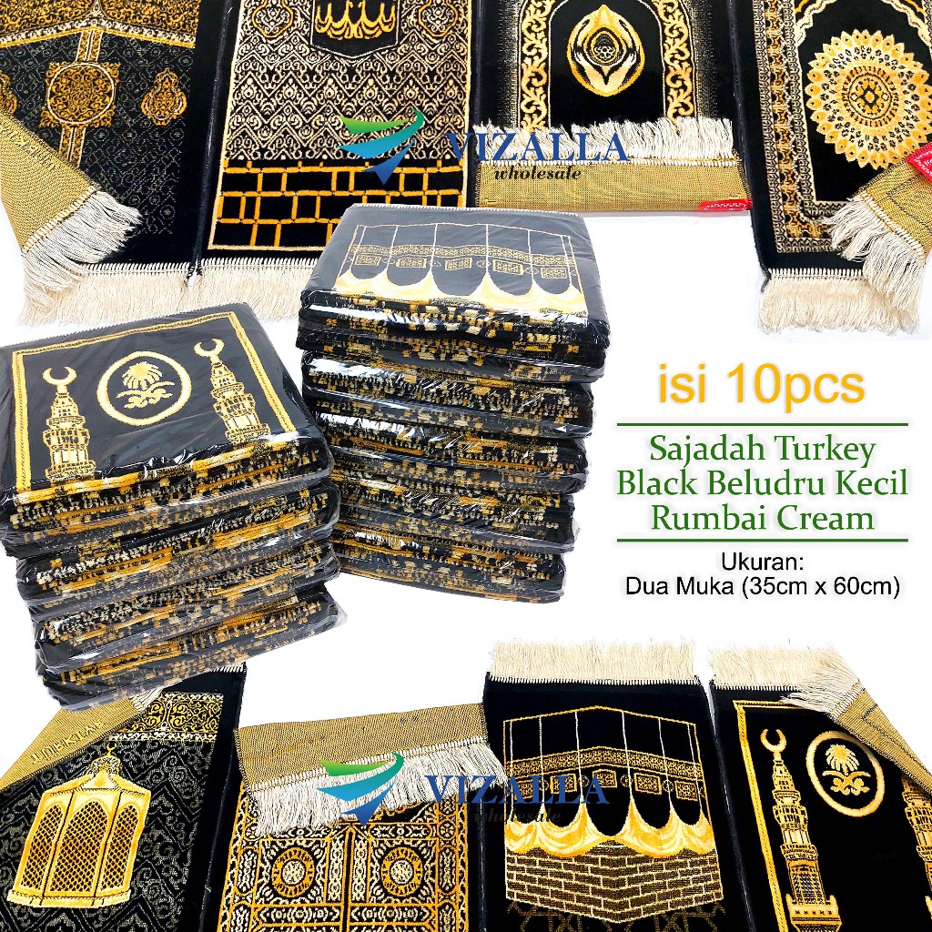 [ isi 10pcs ] Hope Sajadah Turkey Black Beludru Kecil Rumbai Cream 35x60cm/ Black Series