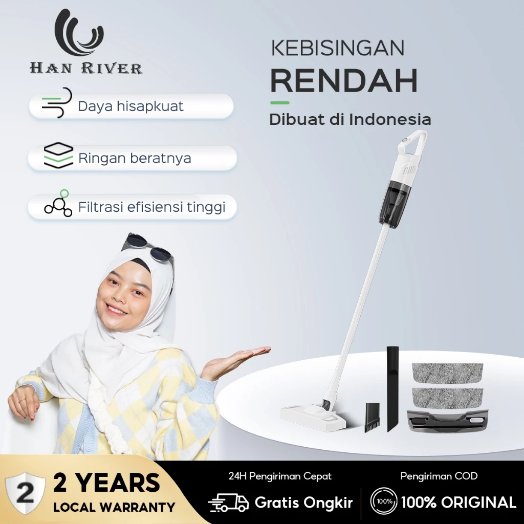 HAN RIVER Vacuum Cleaner Portable warna putih hijau dengan kepala hisap dan alat pel