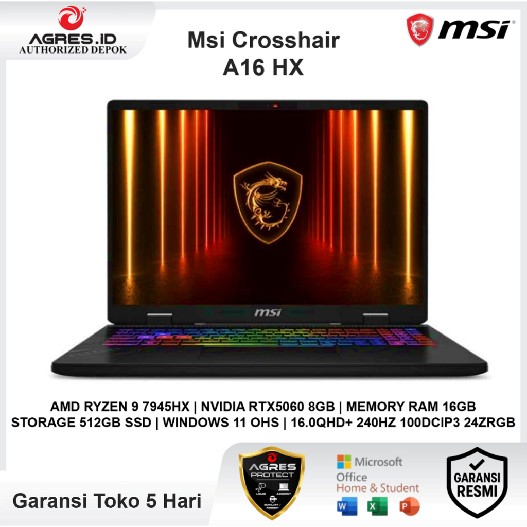 Laptop Msi Crosshair A16 HX Ryzen 9 7945HX RTX5060 8GB 16GB 512GB Win 11 OHS 16.0 Quad HD+ 240HZ