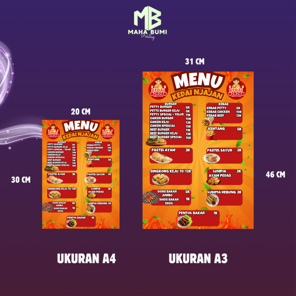 Jual Cetak Daftar Menu Ukuran A4 Hard Laminating Art Carton 260gsm A4 ...