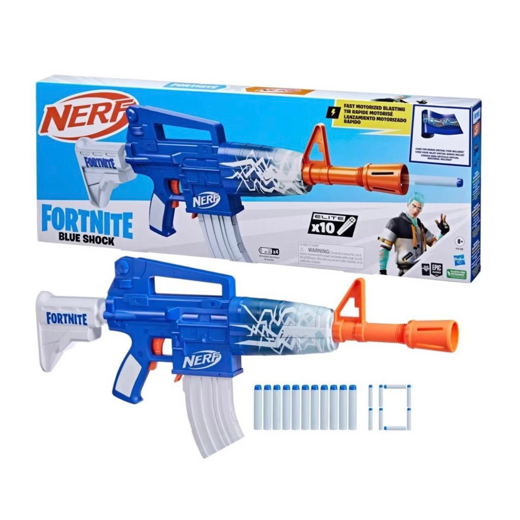 Nerf Fortnite Blue Shock Blaster, clip de 10 dardos, 10